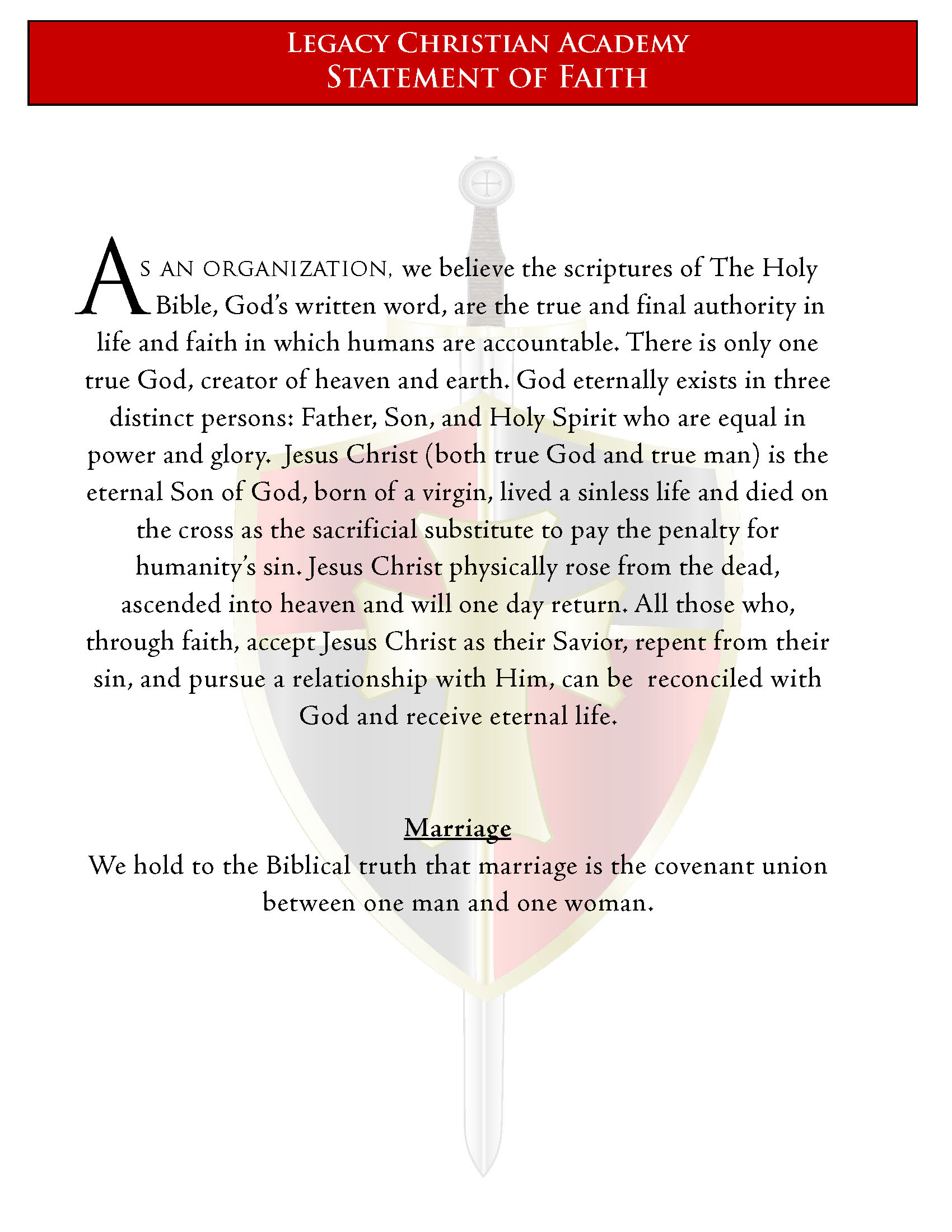 LCA Statement of Faith Legacy Christian Academy